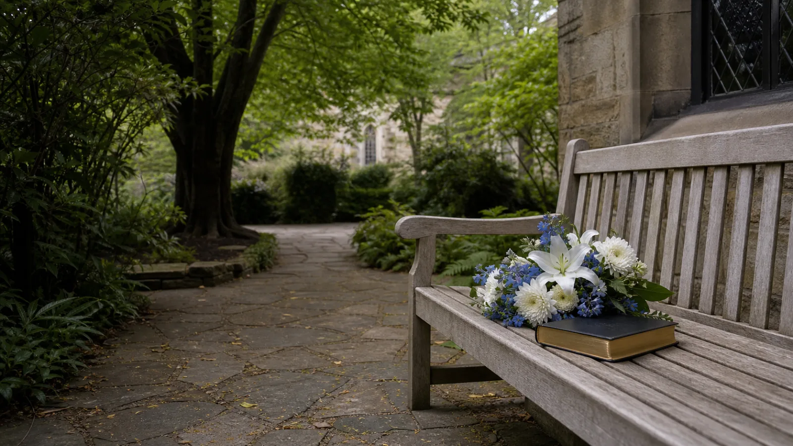 White and blue flowers beside a Bible on a bench in a quiet church garden