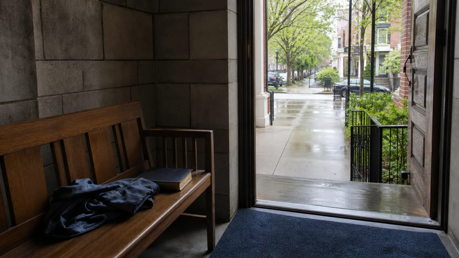 A Bible and folded jacket on a bench beside an open church door after rain