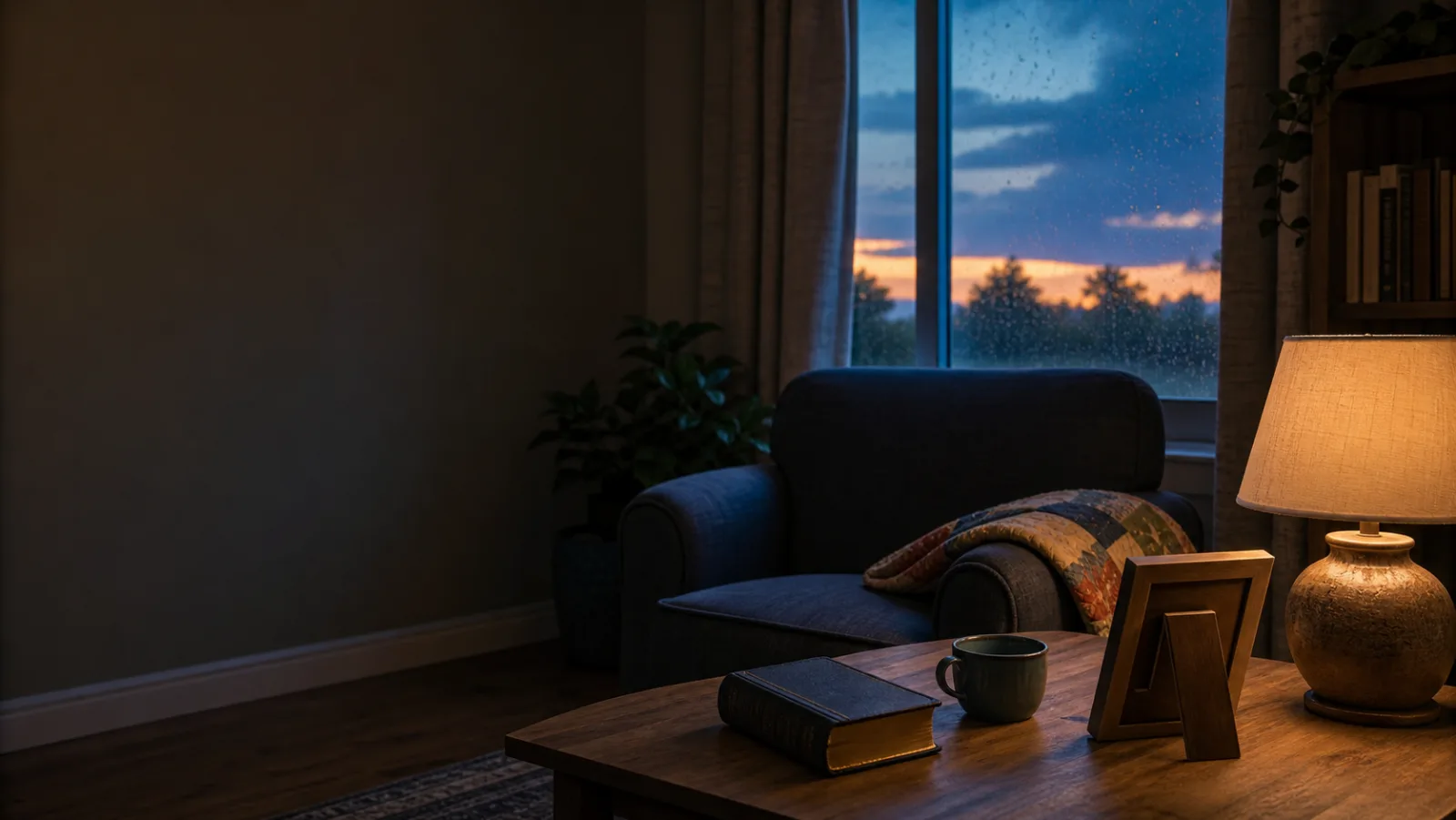 An empty chair, a warm lamp, a Bible, and rain at blue hour