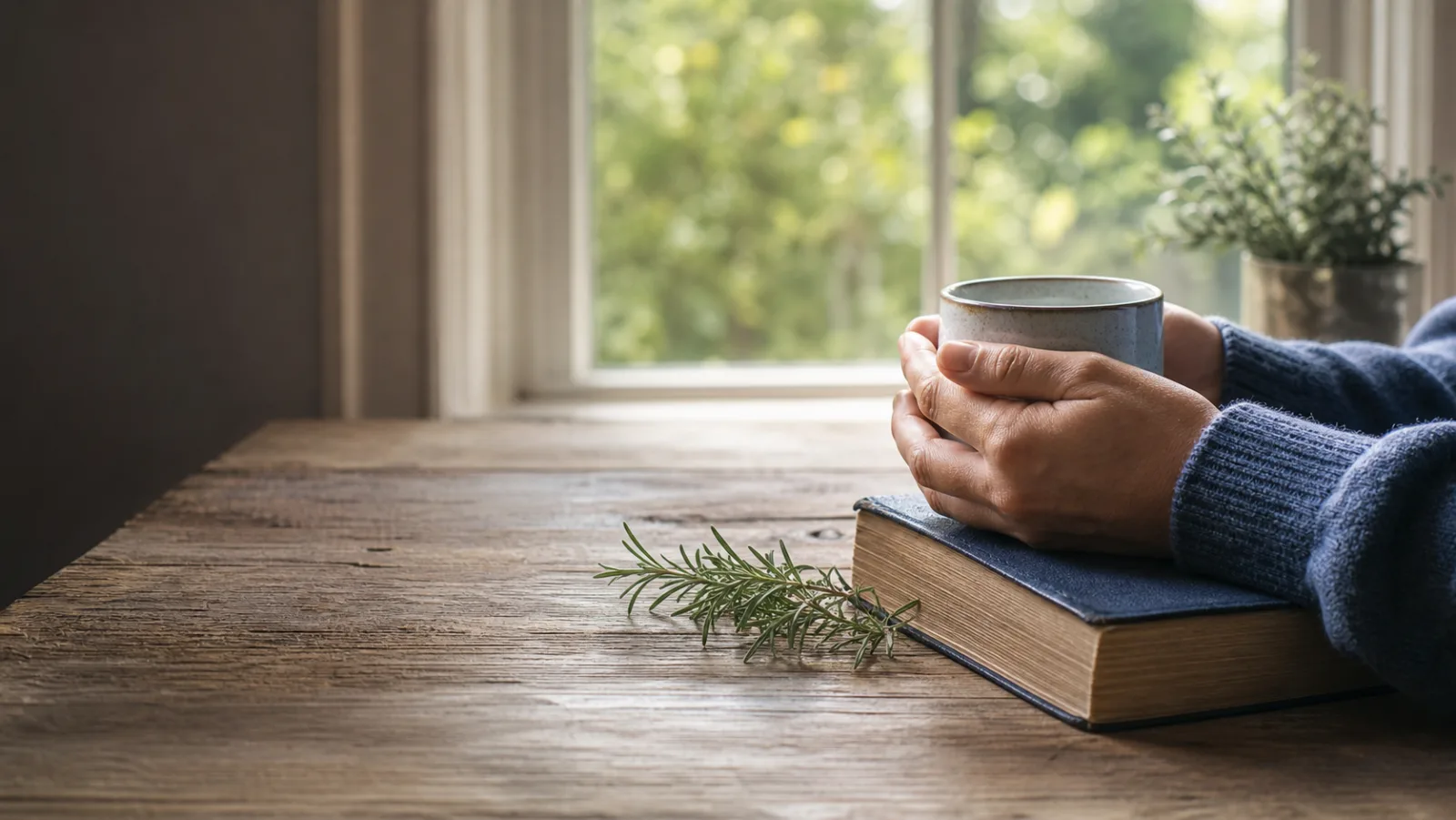 Hands around a warm cup beside a Bible on a sunlit table