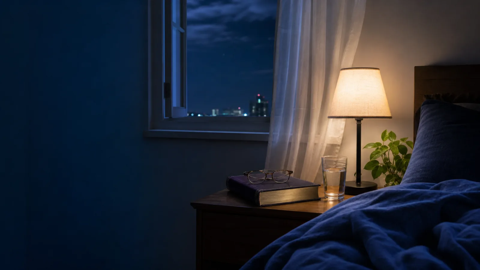 A Bible, glasses, water, and a bedside lamp in a quiet blue bedroom at night