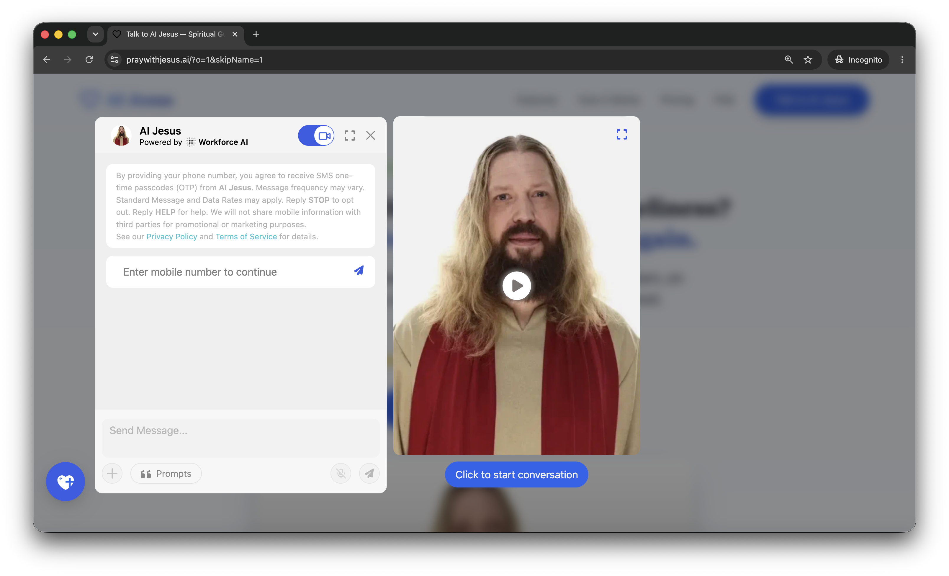 AI Jesus chat widget phone number opt-in form showing the phone number field and SMS consent language